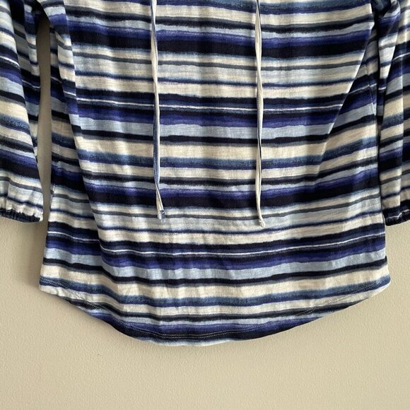 Talbots Petie Women SZ S Blue/White Striped Split Neck Tie Collar 3/4 Sleeve Top - Picture 2 of 8